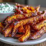 Crispy air fryer sweet potato fries with creamy homemade onion dip, perfect for game day snacking or casual gatherings.