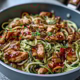 Healthy Easy Zucchini Noodle Stir Fry with Chicken featuring tender chicken, vibrant vegetables, and savory Asian sauce served in a steaming skillet.