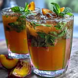 Refreshing mango peach iced tea with mint leaves, served over ice in a clear glass pitcher.