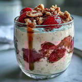 A jar of strawberry overnight oats with chia seeds and granola, layered with fresh berries and crunchy topping for a healthy breakfast.
