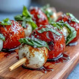 Juicy cherry tomatoes, mozzarella, basil skewers drizzled, creating a delightful bite.