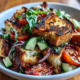 A delicious bowl of Summer Panzanella showcasing toasted bread, ripe tomatoes, and fresh herbs.