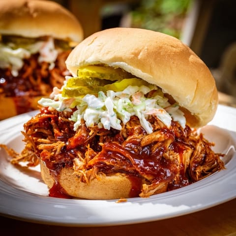 A close-up of a delicious pulled pork sandwich, overflowing with flavorful, slow-cooked meat on a soft bun.