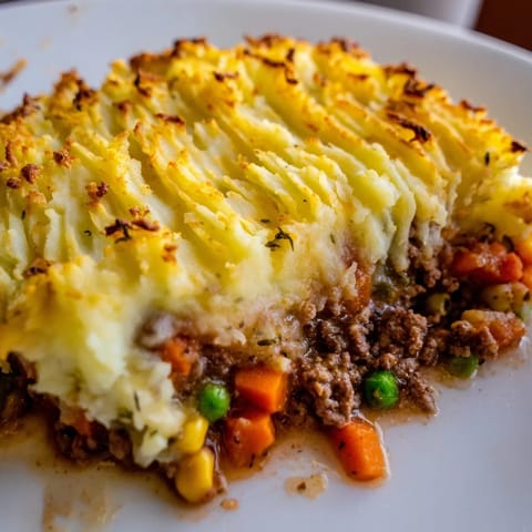 Hearty Shepherd's Pie with visible ground meat and vegetables under a layer of creamy, mashed potatoes.