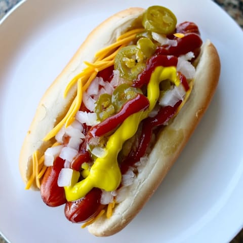 Close-up of grilled hot dogs piled high with ketchup, onions, and all the fixings, ready to eat.