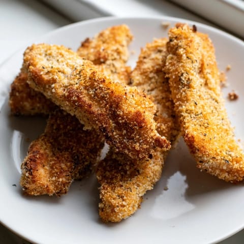 Freshly baked Crispy Panko Chicken Strips with herbed breadcrumbs, arranged on a wire rack to keep them perfectly crunchy for a weeknight meal.