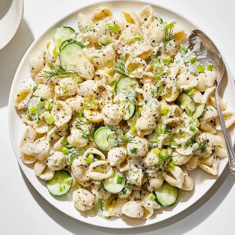 A vibrant bowl of Cucumber Crunch Pasta Salad with creamy dressing, crisp diced cucumbers, and a generous sprinkle of everything bagel seasoning.