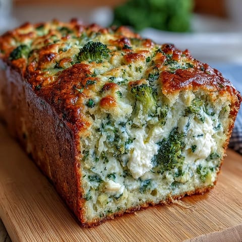 A freshly baked Broccoli and Feta Loaf, sliced to show tender green florets and creamy white cheese crumbles in golden bread.