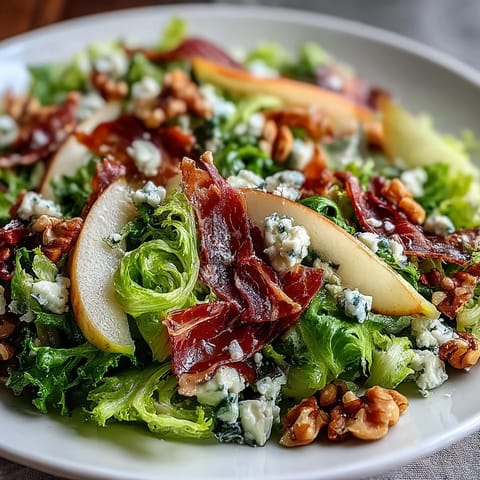 Frisée, Pear, Blue Cheese, and Crispy Prosciutto Salad with tangy vinaigrette, ready to serve.