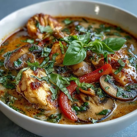 Creamy Thai Chicken Coconut Curry Soup garnished with cilantro, basil, and lime wedges.