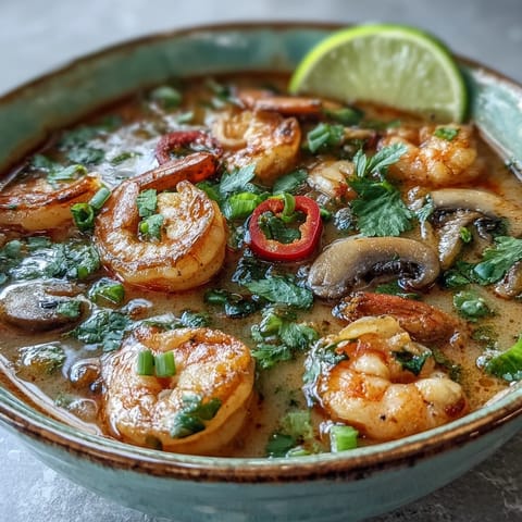 A steaming pot of Thai Coconut Shrimp Soup with shrimp, mushrooms, and red curry paste.