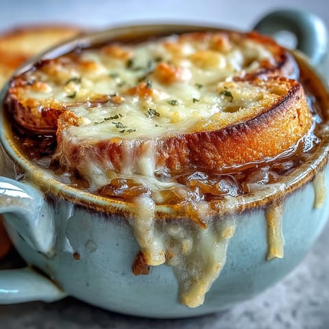 Savory French Onion Soup in a rustic ceramic bowl, golden cheese bubbling over crusty bread, perfect for cozy dinners.