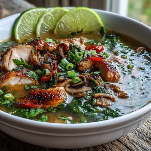Steaming Tom Yum Chicken soup in a white ceramic bowl features tender chicken, mushrooms, tomatoes, and fresh herbs served with lime wedges on the side.
