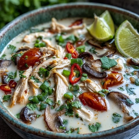 Steaming Best Ever Tom Kha Gai Soup with sliced chicken, mushrooms, and chili garnish ready to serve over rice.