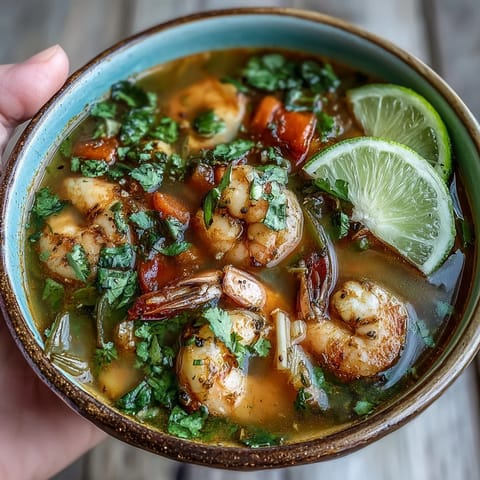 A close-up of steaming Tom Yum Soup featuring plump shrimp, fresh herbs, and vibrant Thai chiles.