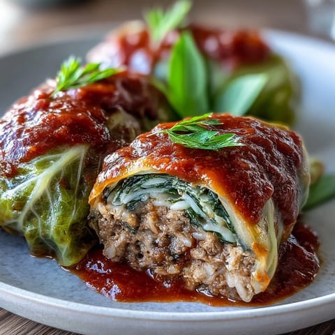 Hearty cabbage rolls emerge from the oven, bubbling with tomato sauce and filled with a savory blend of ground meat and parboiled rice.