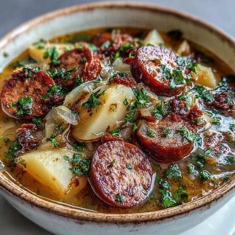 Hearty Sausage, Potato and Cabbage Soup simmering in a pot, garnished with fresh parsley and served with crusty bread.