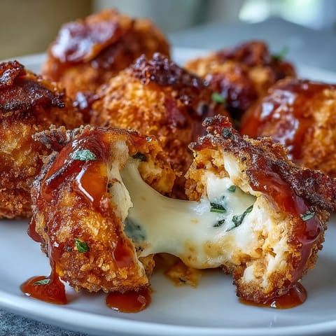Golden-brown, crunchy Buffalo Chicken Bacon Mozzarella Bombs are ready to serve, paired with a creamy blue cheese dip for a spicy appetizer.
