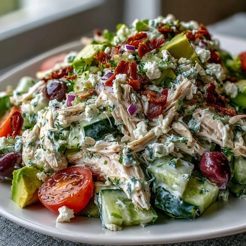 Healthy Tzatziki Chicken Salad served over fresh spinach, topped with crumbled feta cheese and sliced Kalamata olives.