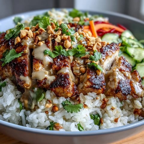 Creamy peanut sauce drizzled over grilled chicken and fresh veggies on fluffy coconut rice in a vibrant bowl.