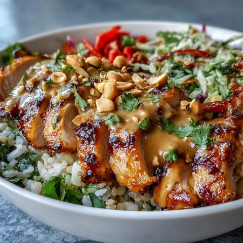 Tender baked chicken atop grains, drizzled with rich peanut sauce, a healthy lunch.