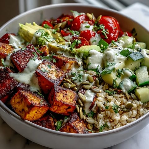 A hearty Customizable Grain Bowl featuring grilled chicken, fresh cherry tomatoes, and crunchy pumpkin seeds, ready for a satisfying lunch or dinner.
