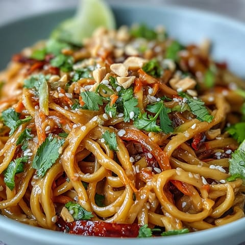 Vibrant Asian Peanut Noodle Bowl overflowing with colorful crisp vegetables and creamy dressing.