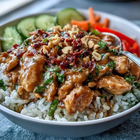 Savor a Thai Peanut Chicken Bowl, featuring golden chicken, crunchy carrots, and creamy peanut sauce over aromatic coconut rice.