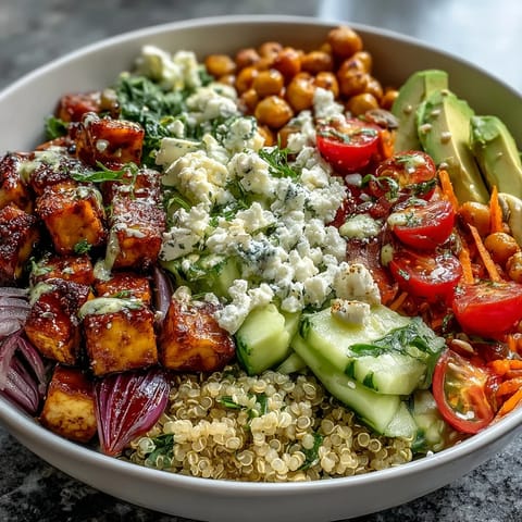 Simple Grain Bowl with brown rice, chickpeas, avocado, cherry tomatoes, and feta cheese drizzled with lemon dressing.