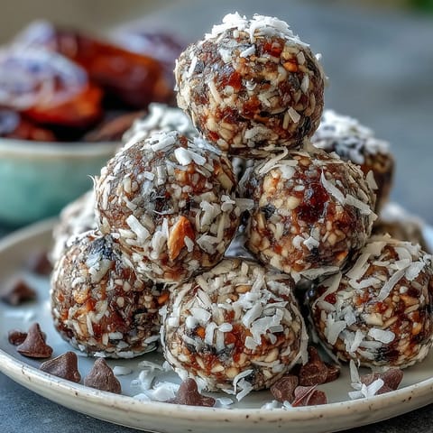 A close-up of no-bake Hojicha Energy Balls studded with cacao nibs, served on a white plate with matcha tea.
