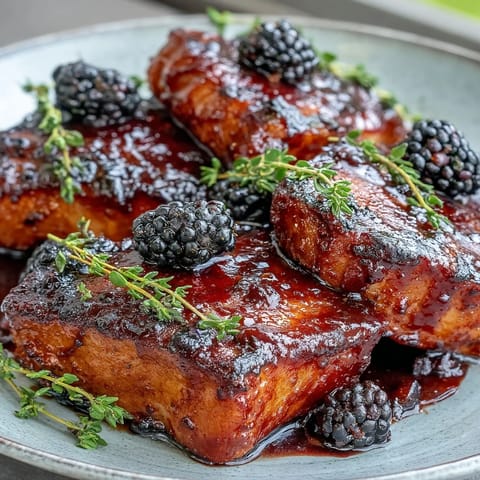 A skillet shows Bourbon Blackberry Pork Chops simmering in a rich, bubbling glaze, with whole blackberries and fresh thyme sprigs.
