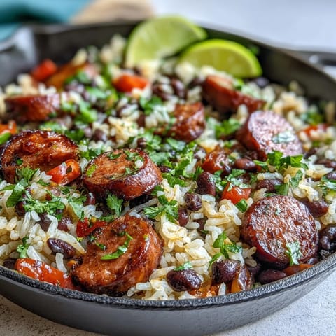Smoky sliced sausage, tender black beans, and fluffy rice simmer in a rich tomato base in this skillet.
