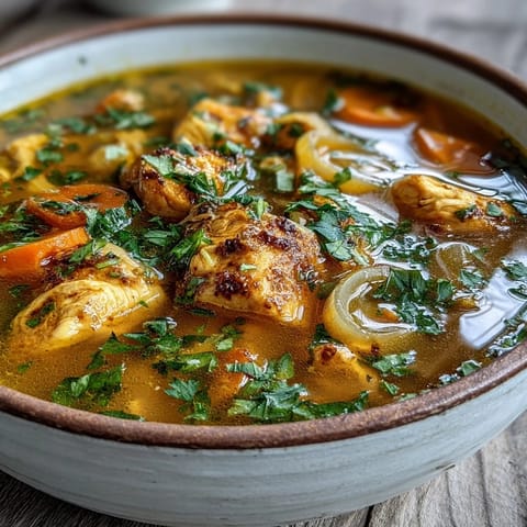 A bowl of aromatic Ginger Turmeric Chicken Soup garnished with fresh parsley, ready to enjoy.