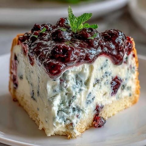 A plated slice of Lemon Blueberry Shortbread Mousse Cake with a golden shortbread crust, ready to be served at a summer party.