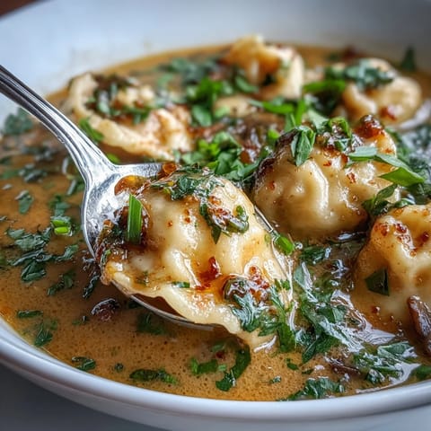 Steaming bowl of Quick Coconut Curry Soup with Dumplings, garnished with cilantro and chili oil.