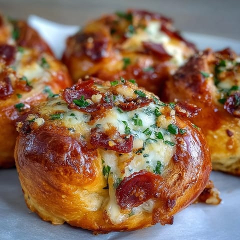 Freshly baked Pizza Roll Stuffed Garlic Knots reveal melted mozzarella and pepperoni filling, arranged on parchment with a small bowl of warm marinara for dipping.