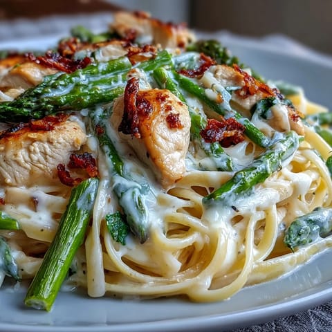 Golden-brown roasted asparagus and seared chicken mingle with linguine in a luscious Asiago cream sauce in this Creamy Asiago Chicken & Asparagus Pasta.