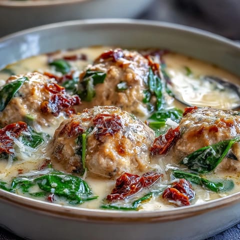Creamy Tuscan Turkey Meatball Soup steaming in a white bowl, garnished with fresh basil and extra Parmesan.