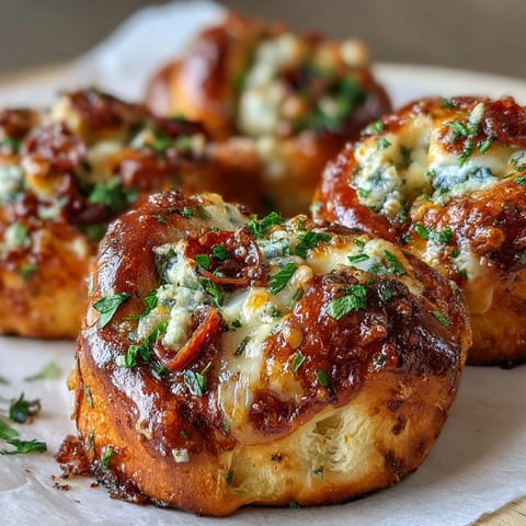Freshly baked Pizza Roll Stuffed Garlic Knots with golden-brown edges and melted pepperoni and mozzarella inside.