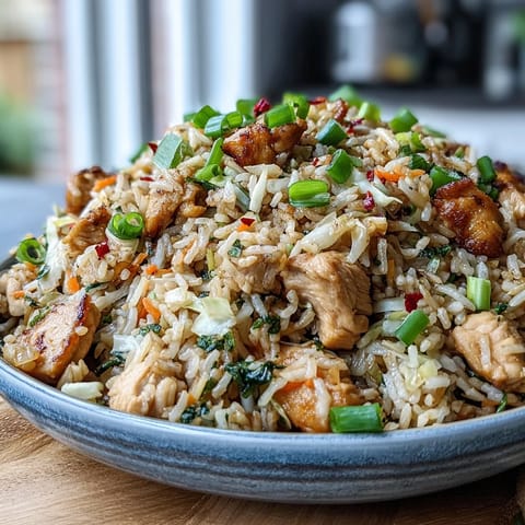 Golden-brown Egg Roll Fried Rice with Chicken sizzling in a hot wok, flecked with carrots, cabbage, and green onions.