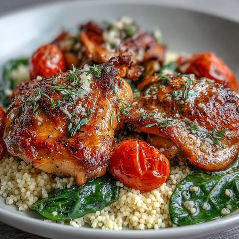 A close-up of One-Pan Garlic Butter Chicken Couscous with melted butter, garlic, and fresh parsley garnish.