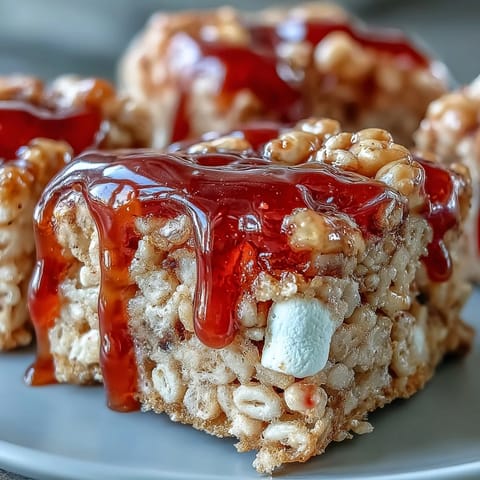 Chilled High-Protein PB&J Rice Krispie Bars, sliced to reveal layers of cereal, jelly swirls, and a creamy peanut butter drizzle.