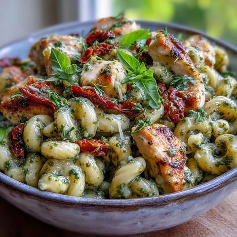 Steaming bowl of Pesto Chicken Chili Mac with tender chicken, sun-dried tomatoes, and melted mozzarella.  