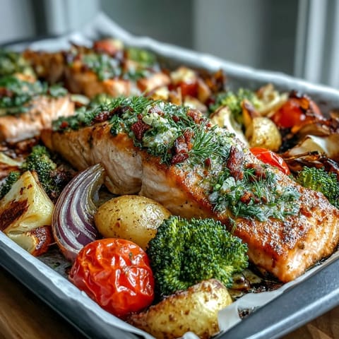 Tender salmon fillets with tangy Dijon mustard glaze, surrounded by caramelized broccoli, tomatoes, and bell peppers on a single sheet pan.  