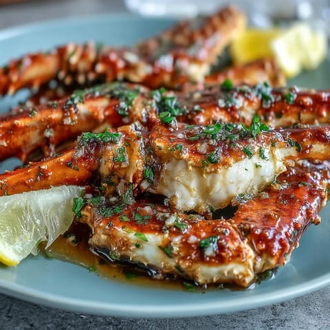 2. Juicy king crab legs baked in rich garlic butter sauce, garnished with parsley and served with bright lemon wedges for a zesty finish.  