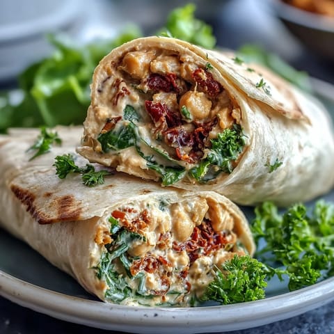 Protein-packed chickpea chicken salad wrap filled with tangy sun-dried tomatoes, crunchy vegetables, and herbs, perfect for healthy vegan lunches.  