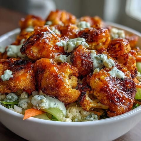 Low-carb cauliflower rice topped with zesty buffalo chicken, crisp veggies, and tangy ranch dressing for a flavorful keto meal.  