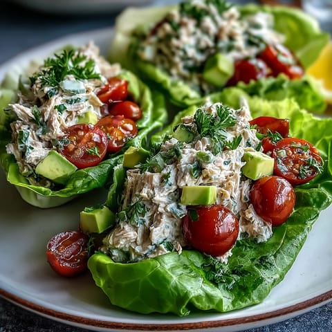 Creamy tuna salad with Greek yogurt and Dijon mustard spooned into fresh lettuce cups, garnished with colorful vegetables.  