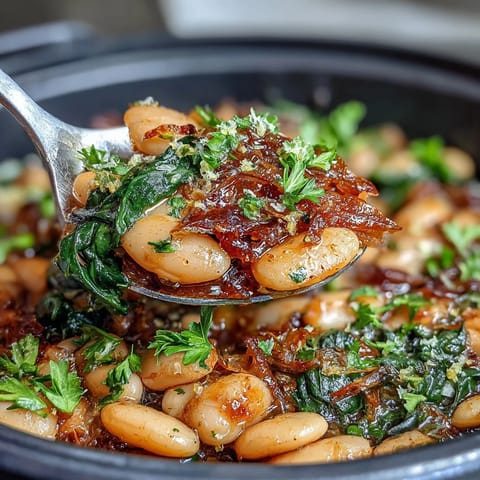 Creamy Vegan Lemon Garlic White Bean Skillet with Spinach, bursting with zesty citrus and tender greens in a hearty one-pan meal.
