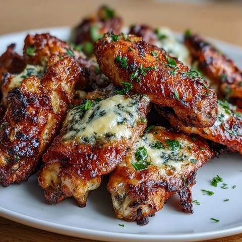 Savory chicken wings oven-roasted until perfectly crispy, coated in fragrant garlic parmesan butter, and paired with fresh celery and cool ranch—ideal for keto appetizers or game-day spreads.  